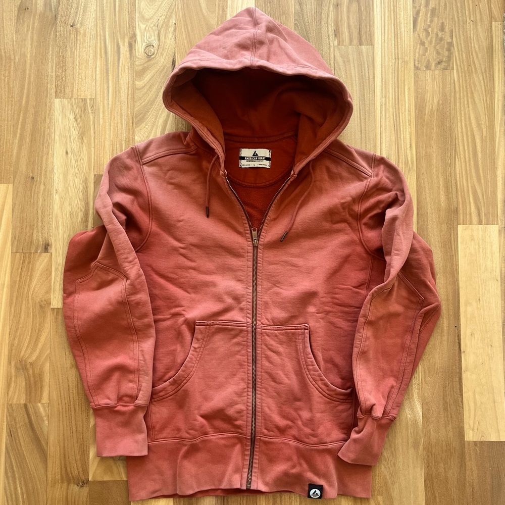 American Giant Classic Full Zip men’s thick heavyweight hoodie faded orange red